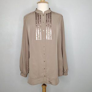 Style & Co. Tan Sequin Embellished Pintucked Button Up Top Blouse NEW NWT Sz L